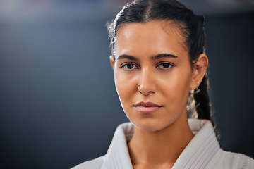 Image showing Portrait of female athlete, serious, and in karate gear staring ahead. A young girl, healthy, with a determined and motivated face at martial arts training. Discipline, fight and fitness in the dojo.