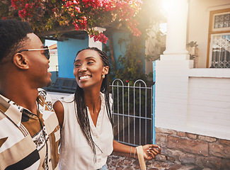 Image showing Travel couple walking in city street, happy on holiday vacation together and smile on tourist journey in summer. African man and woman on tourism date and young black people in love on honeymoon trip