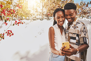 Image showing Happy, phone and excited couple taking a selfie outdoors with a smartphone while on vacation or holiday. Joyful lovers on a video call or sharing a picture or a photo online or on social media