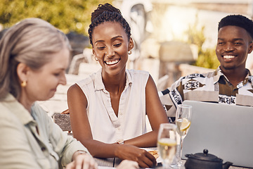 Image showing Networking, startup and business meeting at restaurant with investor and happy partner agreement deal. Diverse team with goal or vision for small business, excited, planning and discussing mission