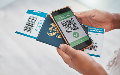 Image showing Covid passport, travel regulations and medical result on mobile phone. Foreign flight and virus control for safety of airport passenger. Protection for people at risk to get sick with corona.