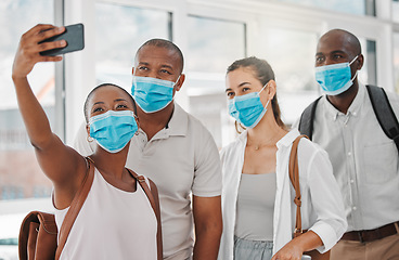 Image showing Covid, friends and phone selfie of travel group with safety masks at the airport ready for a flight. Diversity of international people and global community with modern technology to document the trip