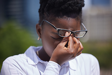 Image showing Headache, stress or mental health and a frustrated or sad black woman with depression outside. Anxiety, pain or anger and a female struggling with burnout, compliance or making a mistake outdoors