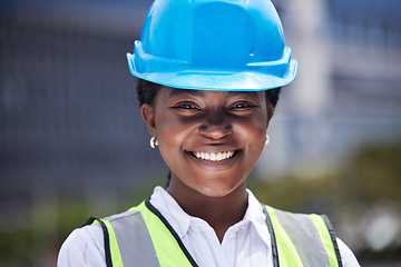 Image showing Face of logistics worker, construction builder and employee working on site for home renovation, building with smile and doing engineering. Closeup portrait of black woman architect in architecture