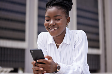 Image showing Phone, communication or networking with a business woman working in the city with motivation, a vision and a mission for growth and development. 5g mobile technology with a marketing worker outside