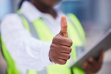 Image showing Thumbs up, yes and architect on industrial site happy with work goal achievement on project. Closeup of construction worker or engineer in agreement of building design for architecture plan.