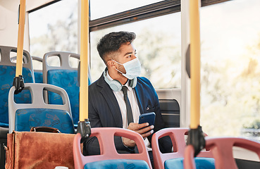 Image showing Covid, bus travel and business phone while on public transport commute with pandemic regulations. Worker with face mask protection while travelling to work for virus safety and prevention.