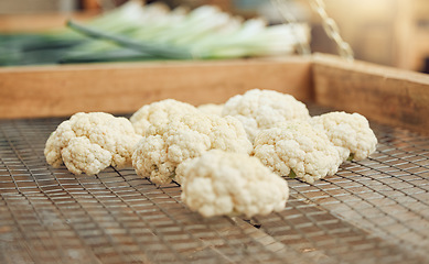 Image showing Agriculture cauliflower vegetables for nutrition, sustainability and health from eco friendly farm or farming market close up. Countryside sustainable organic vegetable for healthy vegan food diet