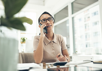 Image showing Finance, phone networking and planning financial profit report with calculator, coins and money in office. Thinking business woman managing future investment, bank taxes and budget loan for company