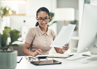 Image showing Finance intern, career or financial employee learning her banking budgeting on a calculator. Young accountant, money insurance advisor or investment planner working on tax, cash or accounting papers