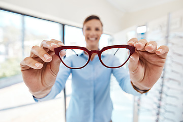 Image showing Portrait, glasses and woman with poor vision trying out a new pair at optometrist. Eyeglasses, spectacles and shopping customer buying eyewear for eye health at retail store, shop or mall.