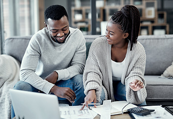 Image showing Finance, home budget and financial planning with a couple working on a laptop looking happy about savings, investment and mortgage insurance. Boyfriend and girlfriend calculating tax or future income