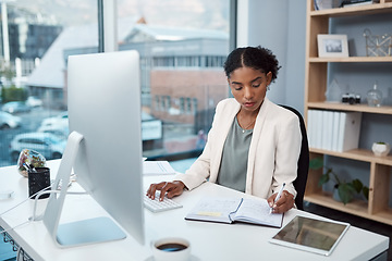 Image showing Finance manager writing notes, typing on a computer keyboard and planning to check financial data in office. Serious boss thinking, arranging tax deadlines or scheduling business meetings in notebook