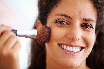 Image showing Makeup, beauty and cosmetic brush of a woman with a happy smile and cosmetics. Portrait of a young female face with clean healthy teeth, beautiful skin and good dental hygiene feeling happiness