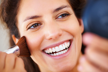 Image showing Face, beauty and makeup cosmetic brush on a woman with a happy and positive smile. Clear skin, healthy teeth and dental teeth whitening care results of a smiling female with glamour cosmetics