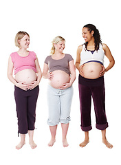 Image showing Future mother, girl friend and pregnant support group show pregnancy stomach with a happy smile. Maternity women empowerment of woman friends with happiness, healthy trust and community support