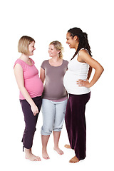 Image showing Happy pregnant friends talking in white background studio with pilates, health or yoga clothes. Mother, maternity and communication with women having a pregnancy lifestyle discussion together