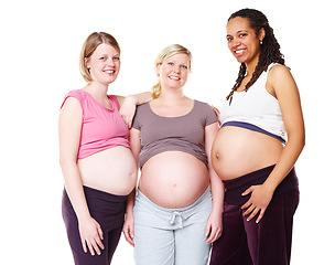 Image showing Pregnant girl friends, pregnancy and future mother friend support group with a happy smile. Portrait of mothers showing diversity and their stomach with woman empowerment, happiness and trust