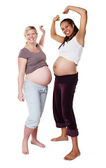 Image showing Pregnant, women and happy friends, child birth or hope for motherhood on white studio background. Portrait, pregnancy and female stress relief with a smile expecting healthy baby, children or kids
