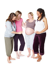 Image showing Pregnant, friends and support group community for multicultural women with mothers to be against white studio background. Health, wellness and pregnancy journey of happy, healthy and diverse women