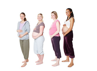 Image showing Pregnant women, diversity and support group community with multicultural friends and mothers standing together. Health, wellness and pregnancy class for happy and healthy women in maternity wear