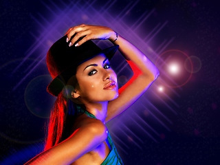 Image showing Disco event, sexy woman flirting, techno dj dancer at new years party and festive hat. Night club music promotion, attractive beautiful girl dancing and colorful nightlife flare light background