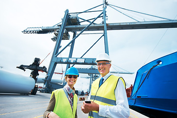 Image showing Shipping people, stock container and portrait of management happy with courier service and delivery. Cargo industry woman and man motivated for efficiency in teamwork for transportation logistics.