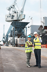 Image showing Logistics, supply chain and shipping with teamwork between a manager and employee on a harbor outside a factory, warehouse or plant. Manufacturing, cargo or freight in the export and import industry