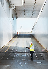 Image showing Shipping, logistics and cargo businessman doing checklist on the interior for container or travel on ship. Supply chain, global delivery and factory warehouse industry manager working on boat