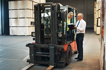 Image showing Manager planning forklift logistics with factory employee for supply chain, industrial shipping and warehouse manufacturing. Cargo truck machine for industry container, production and freight storage