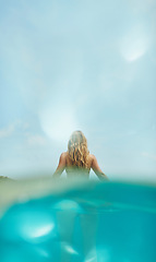 Image showing Beautiful woman swimming underwater on paradise beach freedom wellbeing lifestyle summer vacation wanderlust