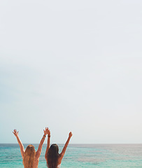 Image showing Adventure beautiful friends arms raised on paradise beach on destination summer wanderlust vacation