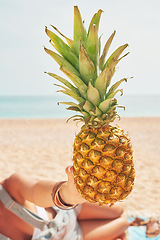 Image showing Beautiful happy Woman holding Exotic Pineapple fruit symbol of summer beach vacation healthy organic diet food