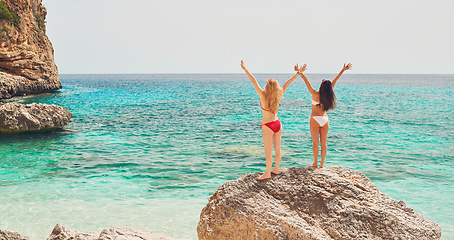 Image showing Adventure beautiful friends arms raised on paradise beach on destination summer wanderlust vacation