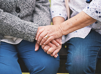 Image showing Two elderly women sitting on bench in park holding hands happy life long friends enjoying retirement