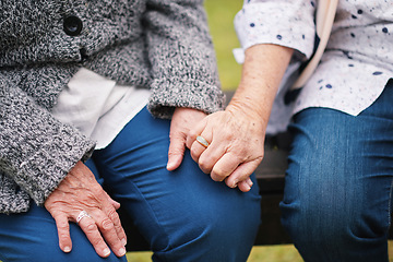 Image showing Two elderly women sitting on bench in park holding hands happy life long friends enjoying retirement