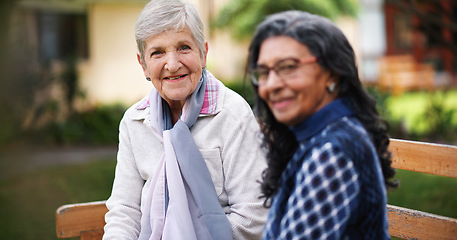 Image showing Two old women sitting on bench in park smiling happy life long friends enjoying retirement together