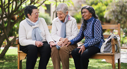 Image showing Happy old women sitting on bench in park smiling happy life long friends enjoying retirement together