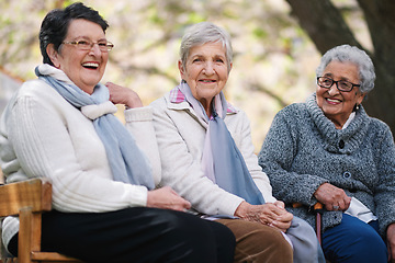 Image showing Happy old women sitting on bench in park smiling happy life long friends enjoying retirement together