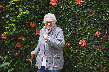 Image showing Funny old woman dancing listening to music on smartphone wearing earphones smiling enjoying fun celebrating retirement in garden with flower wall