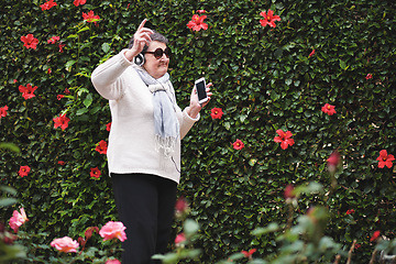 Image showing Funny old woman dancing listening to music on smartphone wearing earphones smiling enjoying fun celebrating retirement in garden with flower wall