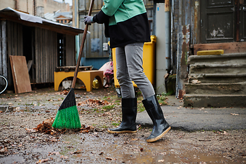 Image showing A woman diligently maintains the garden by collecting old, dry leaves, creating a picturesque scene of outdoor care and seasonal tidiness