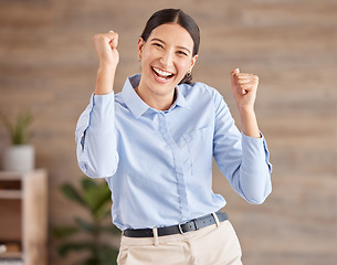 Image showing Happy, winner and business woman in success, yes celebration for investment, motivation or innovation in corporate office. Employee, designer and goals with worker in growth or digital agency company