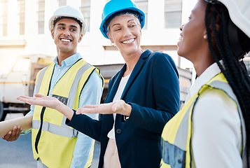 Image showing Construction worker, female architect and engineer working as a team on project maintenance on a building site in the city. Teamwork, collaboration and success in the architecture and design industry