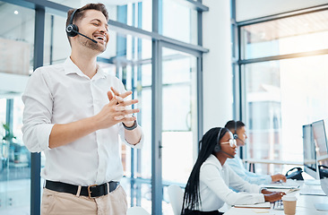 Image showing Happy sales man, call center agent and customer service support operator for target success, loan consulting advice and expert business communication. Leading consultant for crm office telemarketing