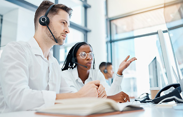 Image showing Call center, customer service and leader training employee on telemarketing strategy on contact us computer in office. Coaching, talking or collaboration teamwork thinking and planning of crm support
