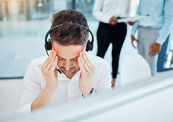 Image showing Headache, stress and in pain call center telemarketing support or customer service consultant at company. Burnout overworked and tired man or contact us help desk consulting agent sick with migraine