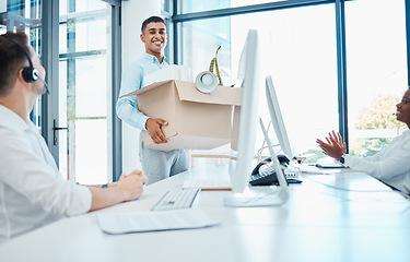 Image showing We are hiring, recruitment and employment of a happy man or manager moving to a new office with his box in a call center. Staff welcome excited new management, office worker or hired employee