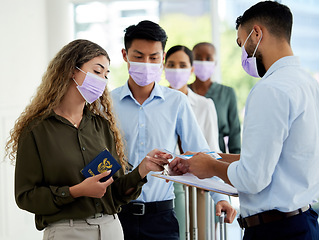 Image showing Covid passport, airport travel restrictions and ticket id at security queue border for immigration traveler. Compliance officer checking passenger safety info, transport document and risk certificate