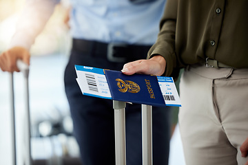 Image showing Hand with passport, plane or airplane travel ticket at airport for international flight from South Africa to Australia. Business woman with traveling document in global business class for business